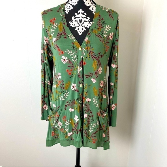LOGO Lori Goldstein Green Floral Cardigan - Picture 2 of 13